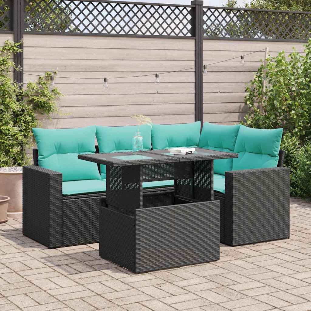 Set Divani da Giardino 5 pz con Cuscini Nero Polyrattan Acacia 3326308