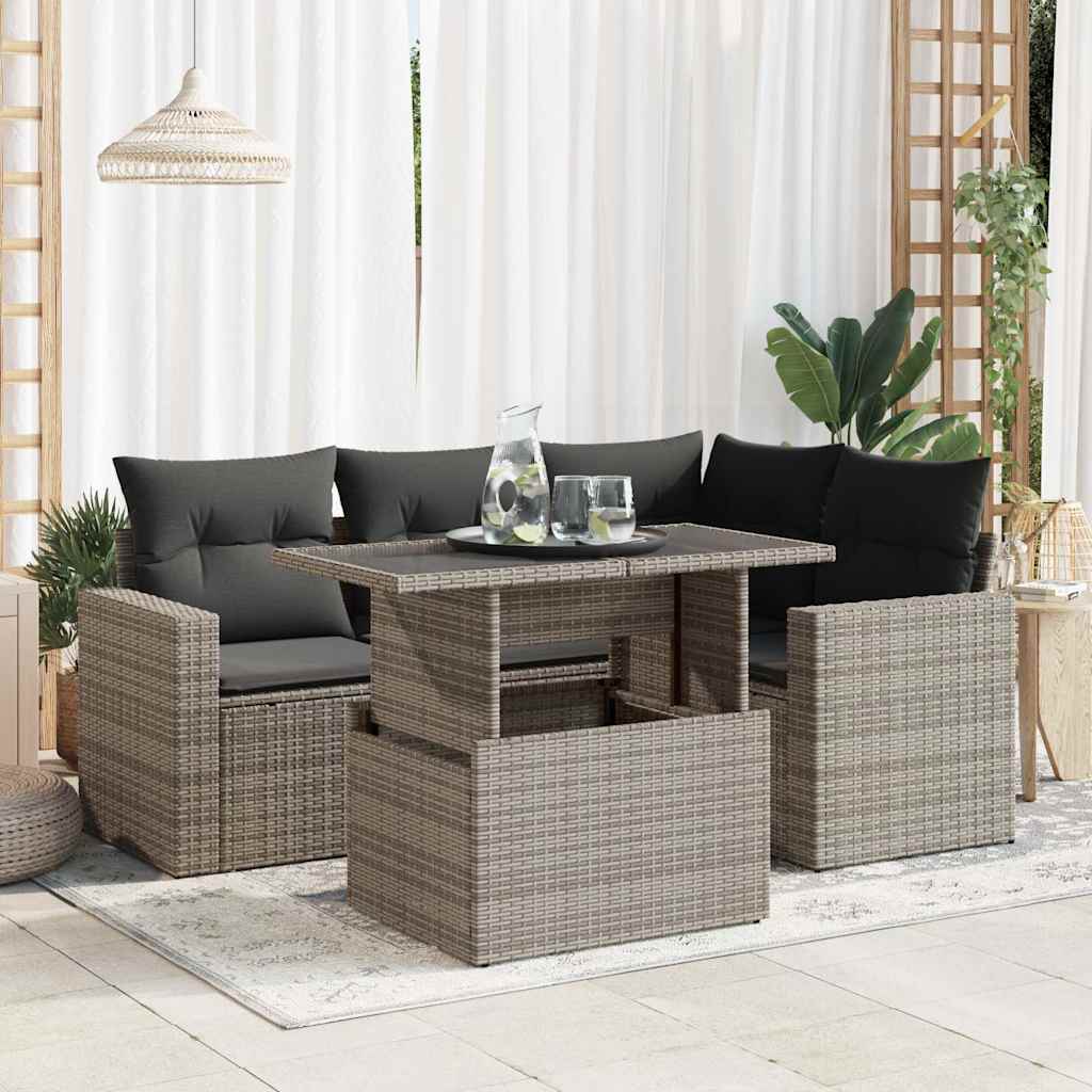 Set Divano da Giardino 5 pz con Cuscini Grigio in Polyrattan