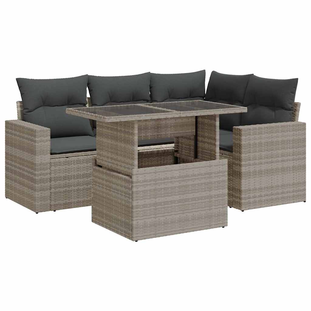 Set Divano da Giardino 5pz con Cuscini Grigio Chiaro Polyrattan