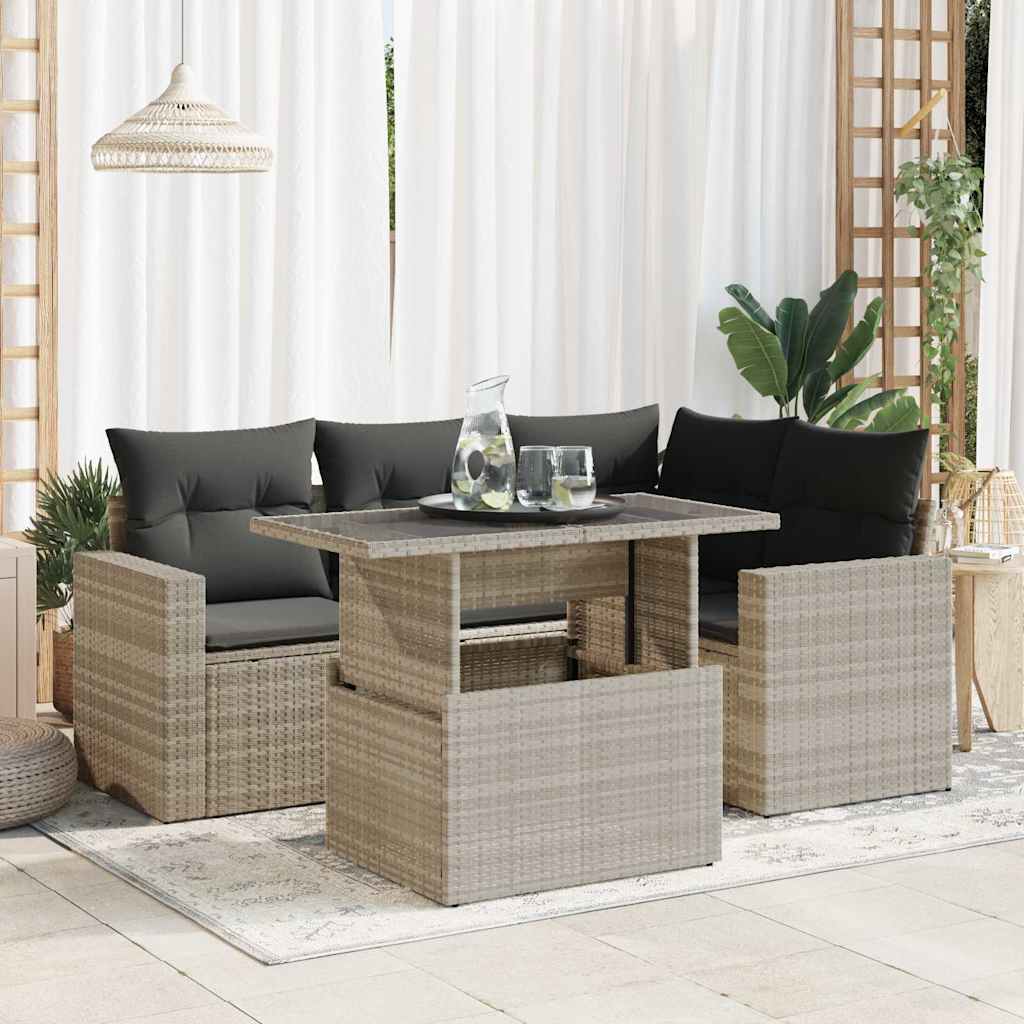Set Divano da Giardino 5pz con Cuscini Grigio Chiaro Polyrattan
