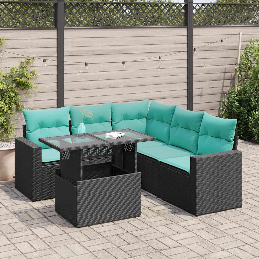 Set Divano da Giardino 6 pz con Cuscini Nero Polyrattan Acacia 3326318
