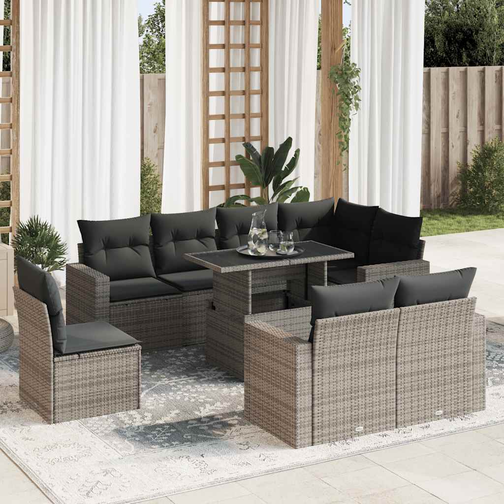 vidaXL Set Divano da Giardino 9 pz con Cuscini Grigio in Polyrattan