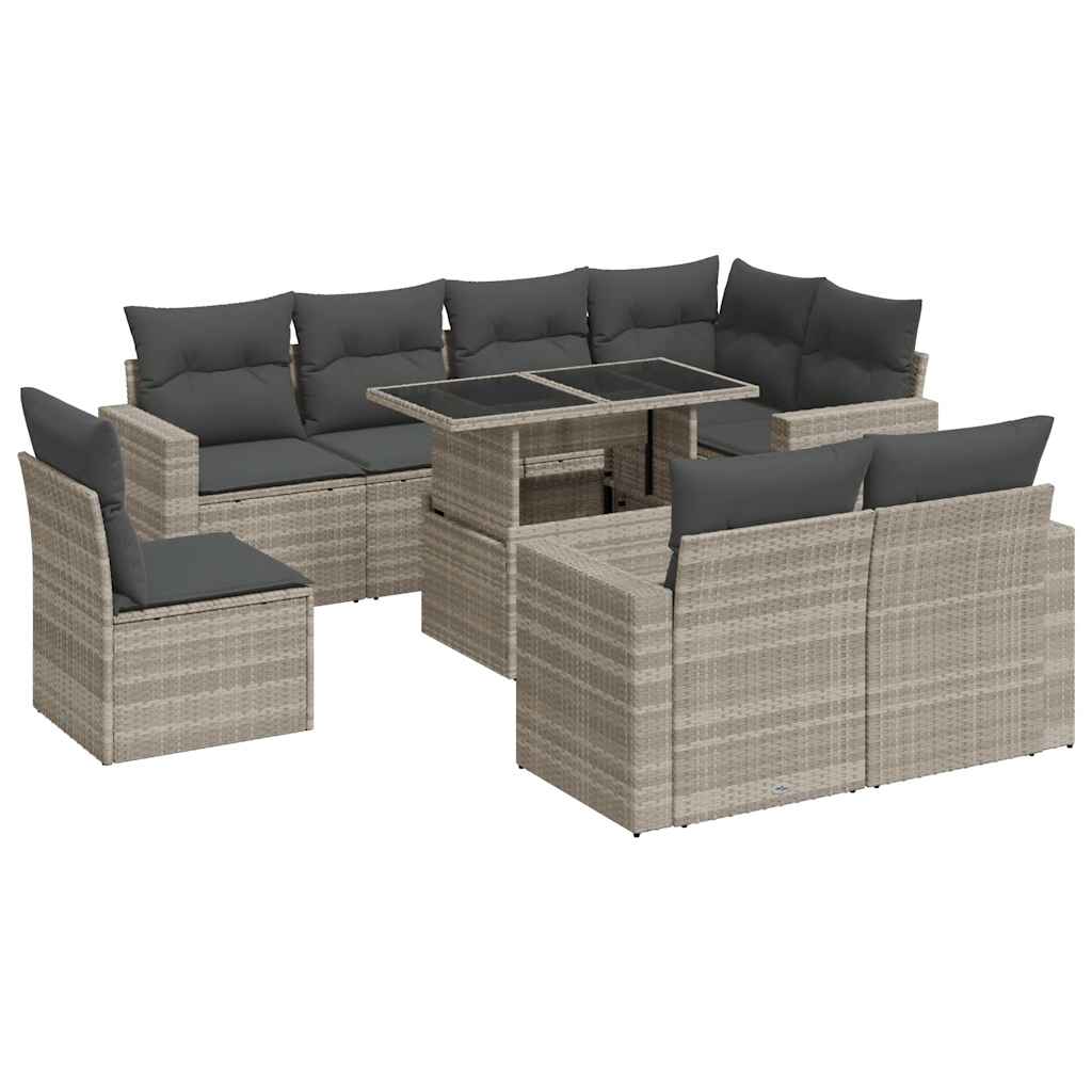 vidaXL Set Divano da Giardino 9pz con Cuscini Grigio Chiaro Polyrattan