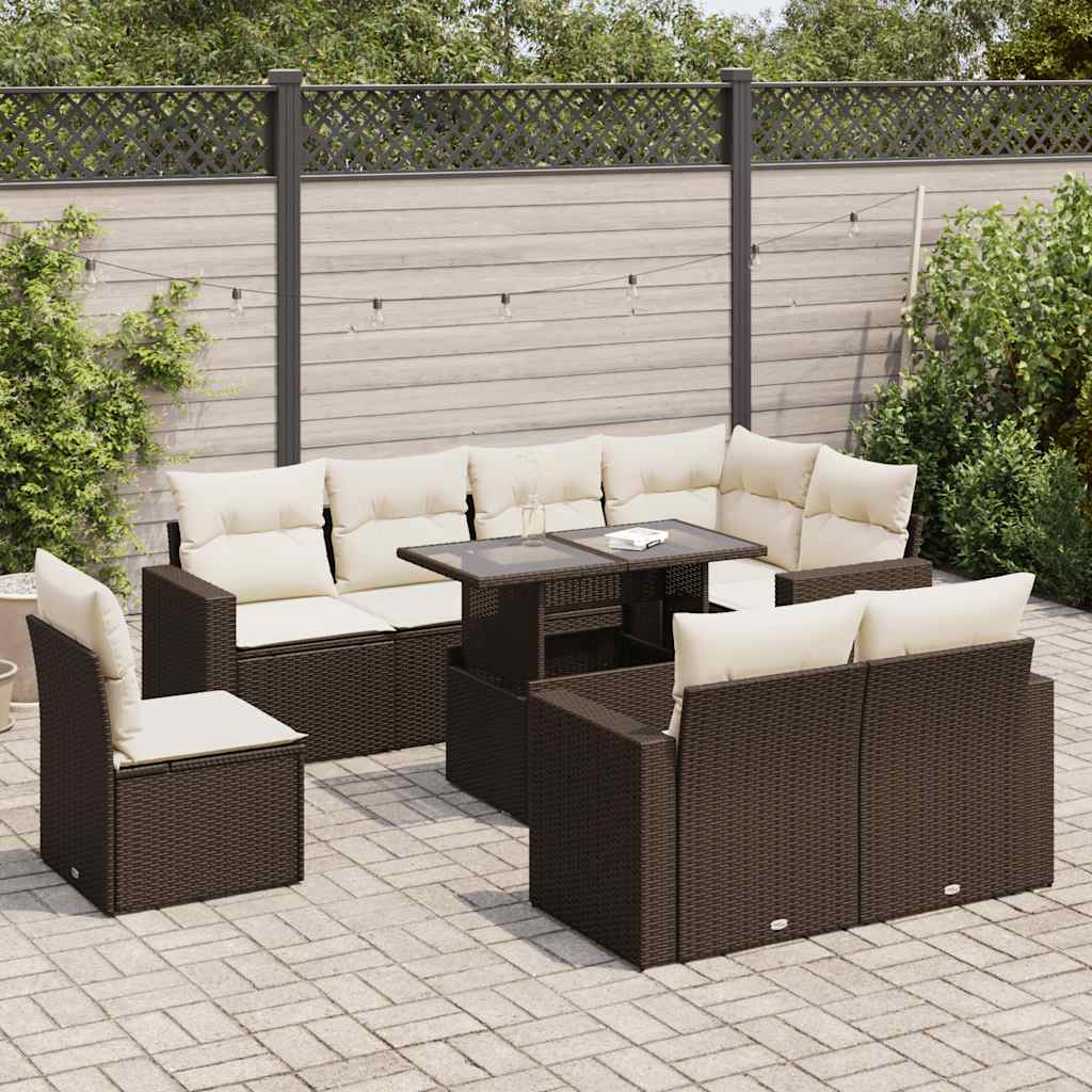 Set Divani da Giardino 9pz con Cuscini Marrone in Polyrattan