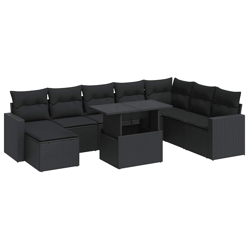 Set Divani da Giardino 9 pz con Cuscini Nero in Polyrattan 3326366