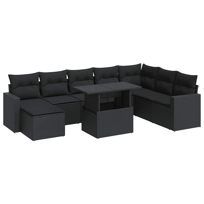 Set Divani da Giardino 9 pz con Cuscini Nero in Polyrattan 3326366