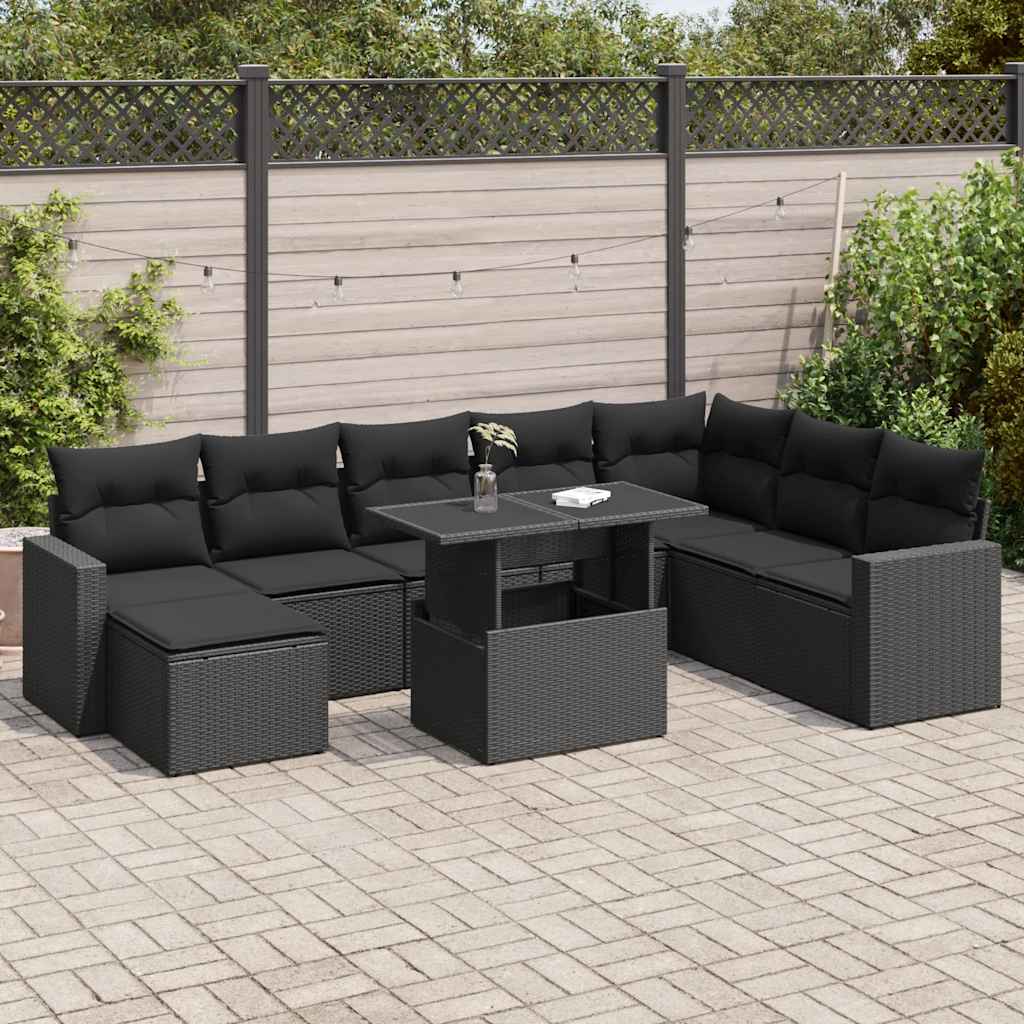 Set Divani da Giardino 9 pz con Cuscini Nero in Polyrattan 3326366