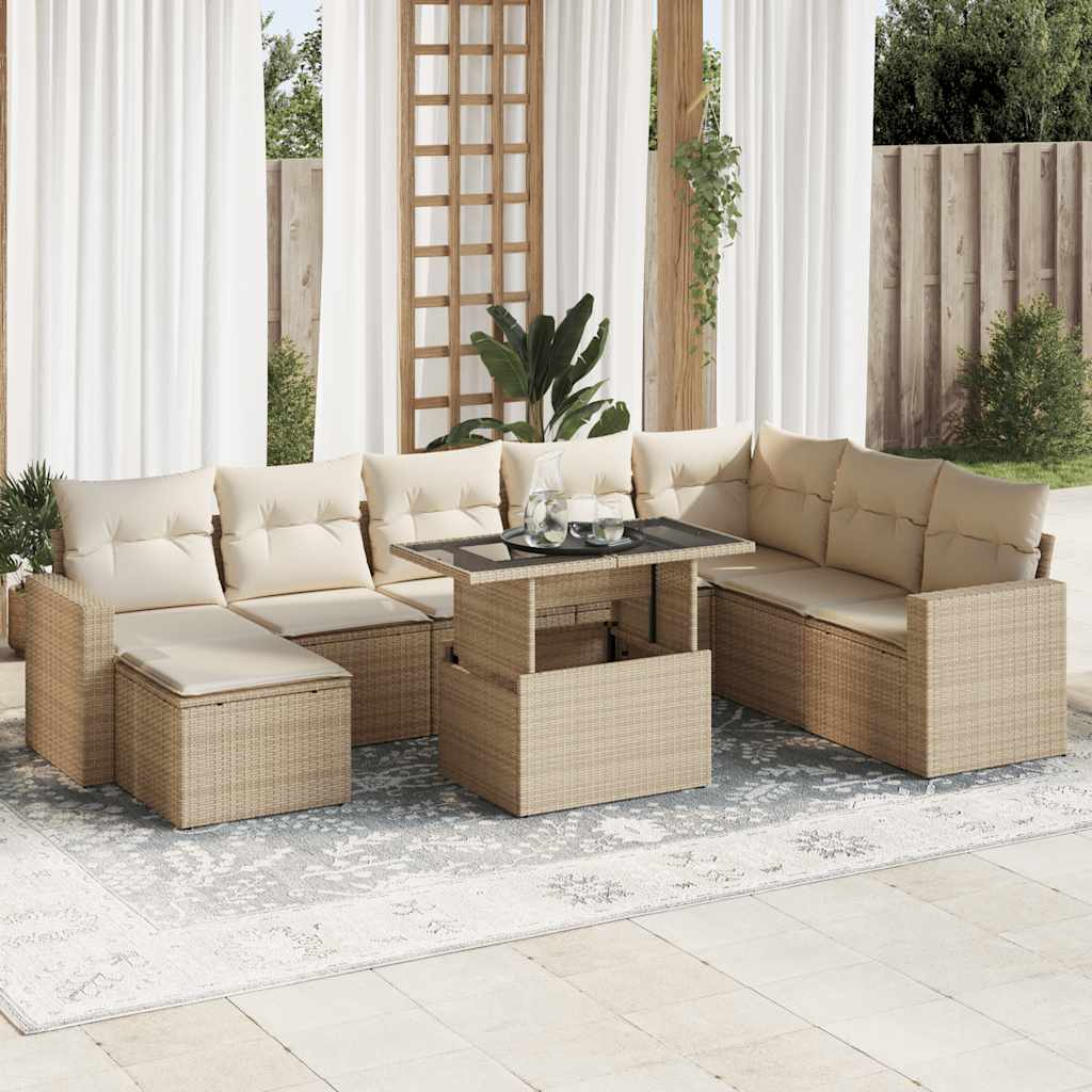 Set Divano da Giardino 9 pz con Cuscini Beige in Polyrattan 3326369