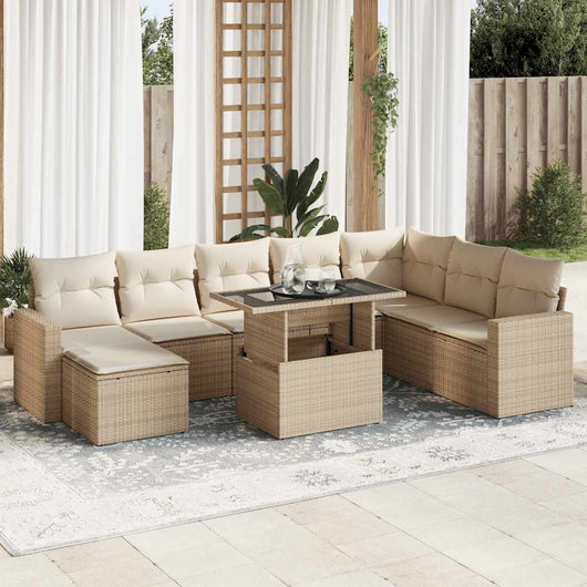 Set Divano da Giardino 9 pz con Cuscini Beige in Polyrattan 3326369