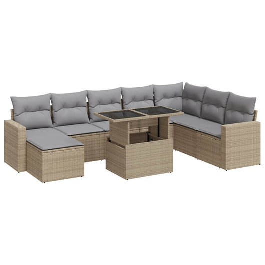 Set Divano da Giardino 9 pz con Cuscini Beige in Polyrattan