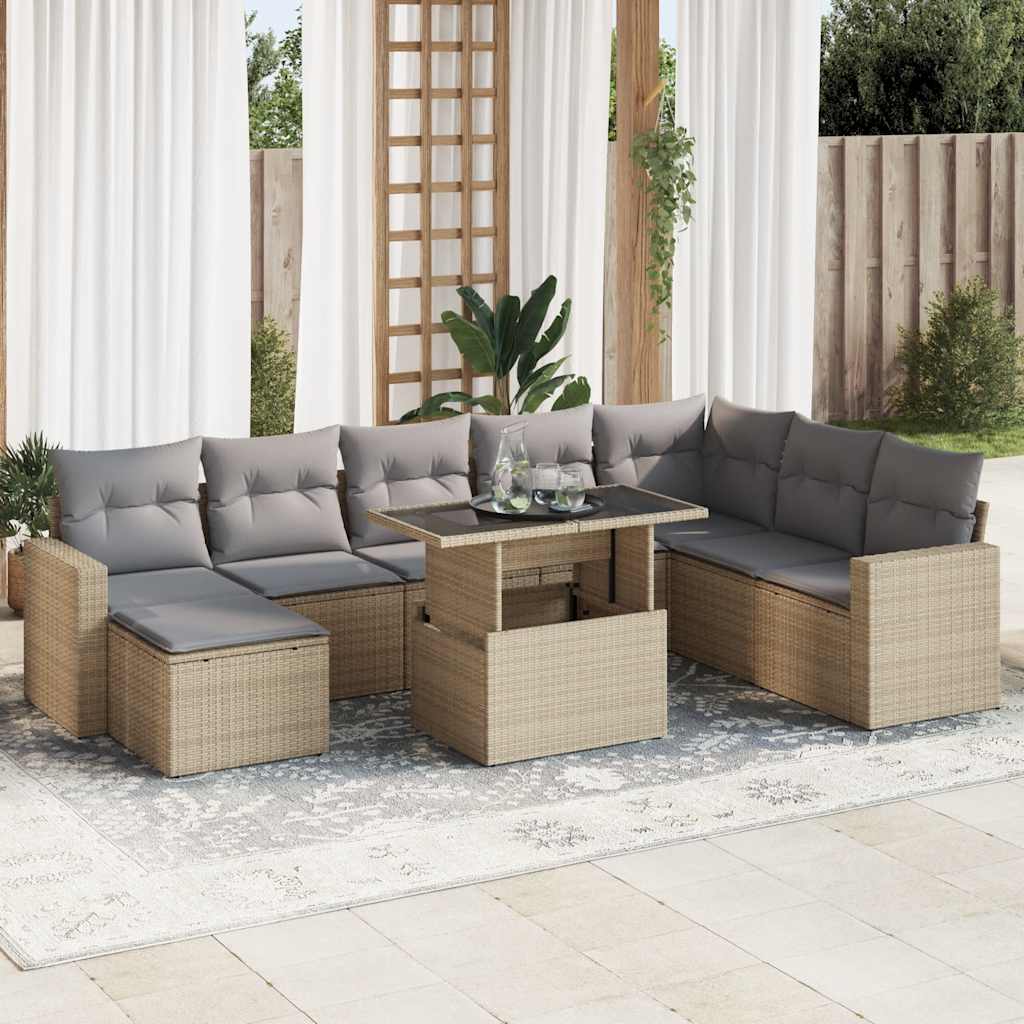 Set Divano da Giardino 9 pz con Cuscini Beige in Polyrattan