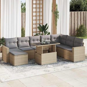 Set Divano da Giardino 9 pz con Cuscini Beige in Polyrattan