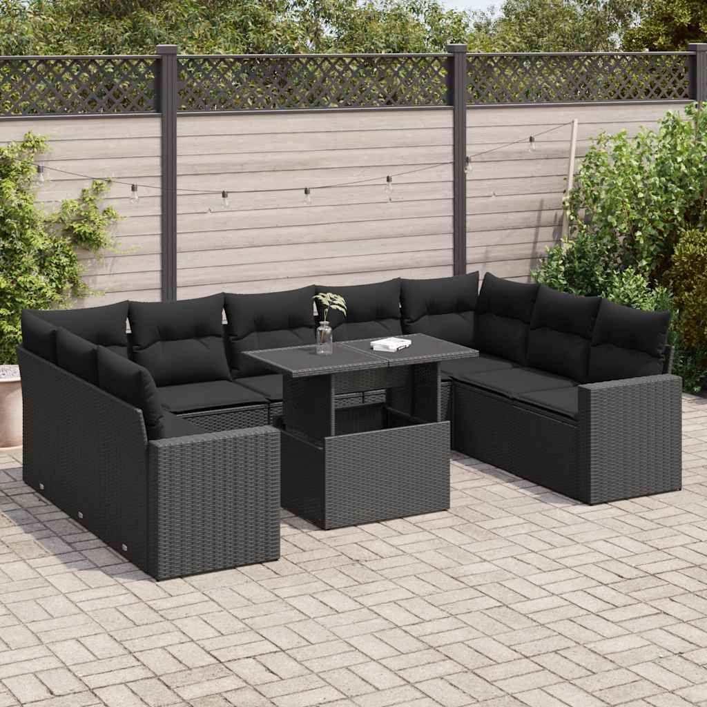 vidaXL Set Divani da Giardino 10pz con Cuscini in Polyrattan Nero