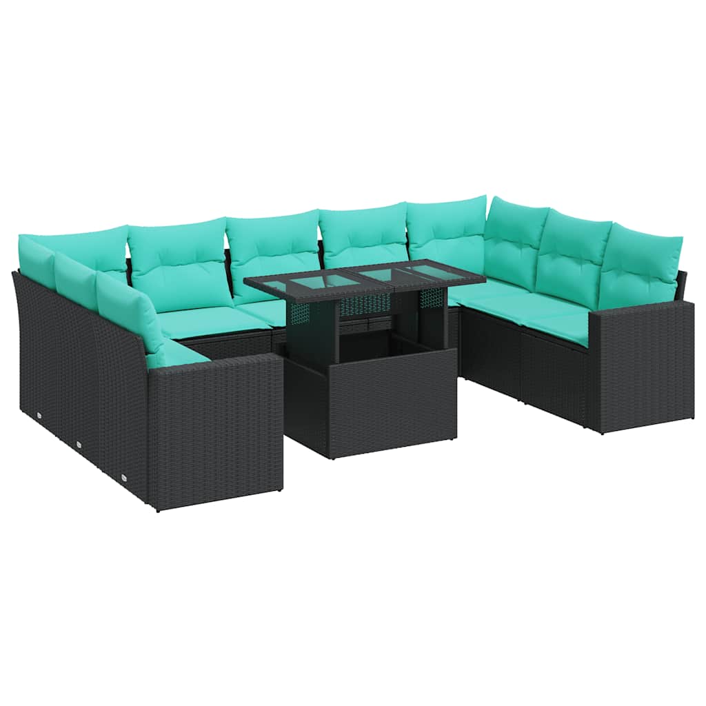 Set Divani Giardino 10pz con Cuscini Nero in Polyrattan Acacia 3326378