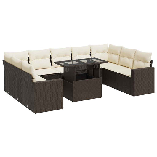 Set Divani da Giardino 10pz con Cuscini in Polyrattan Marrone 3326384