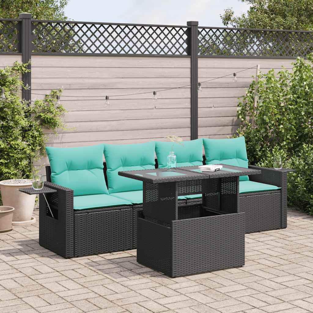Set Divano da Giardino 5 pz Cuscini Nero Polyrattan e Acacia 3326398