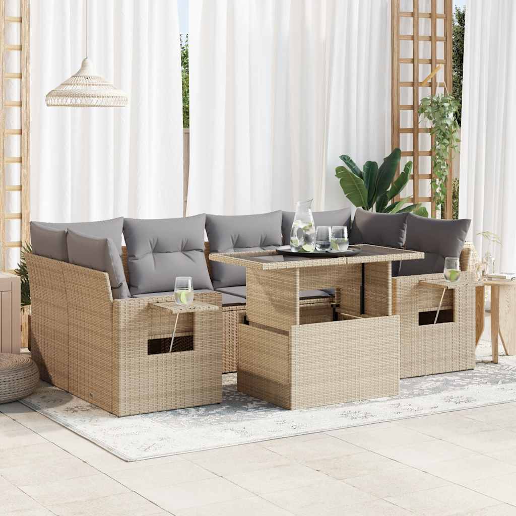 vidaXL Set Divani da Giardino 7 pz con Cuscini Beige in Polyrattan