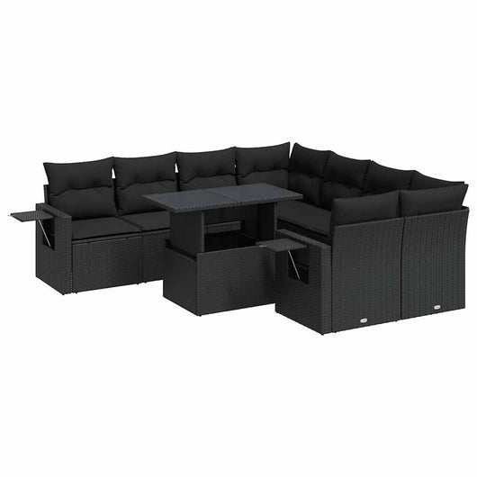 vidaXL Set Divani da Giardino 9 pz con Cuscini Nero in Polyrattan