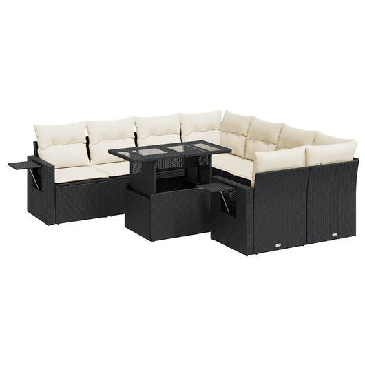 vidaXL Set Divani da Giardino 9 pz con Cuscini Nero in Polyrattan