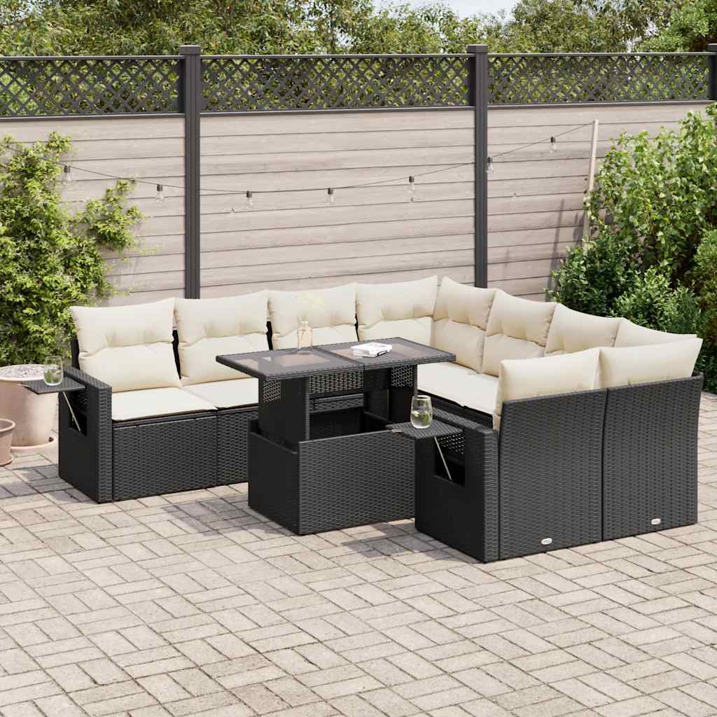 vidaXL Set Divani da Giardino 9 pz con Cuscini Nero in Polyrattan