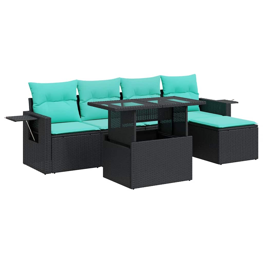 Set Divano Giardino 6 pz con Cuscini Nero Polyrattan Acacia 3326458