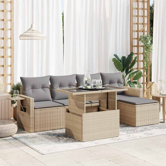 Set Divano da Giardino 6 pz con Cuscini Beige in Polyrattan