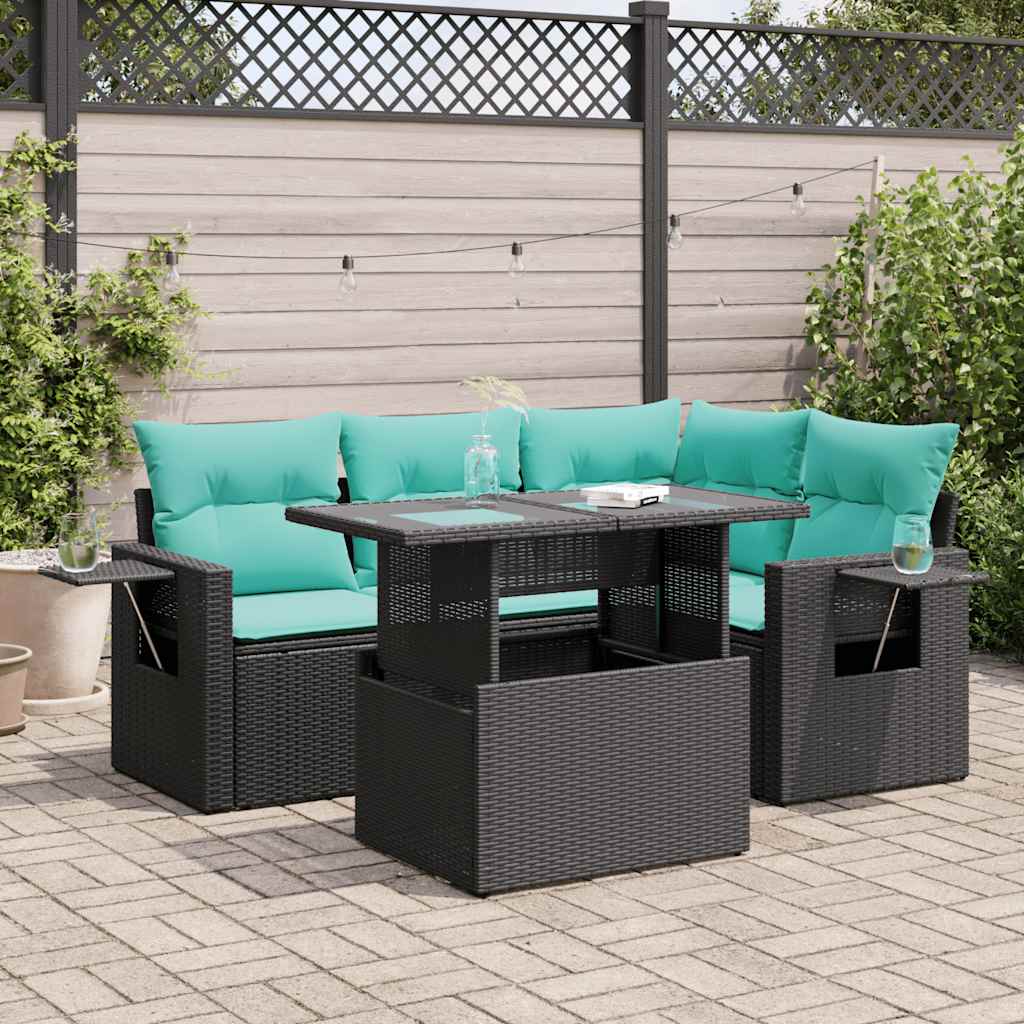 Set Divano da Giardino 5 pz Cuscini Nero Polyrattan e Acacia 3326468