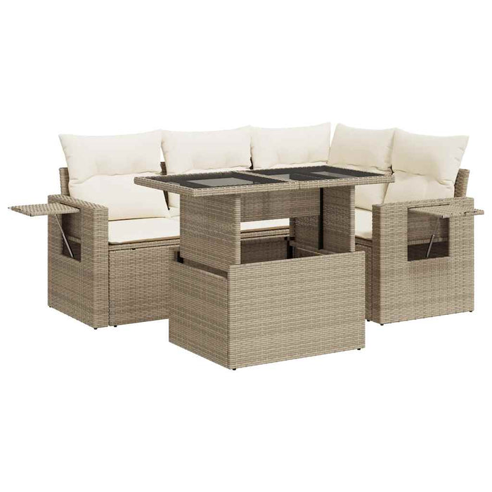 Set Divano da Giardino 5 pz con Cuscini Beige in Polyrattan