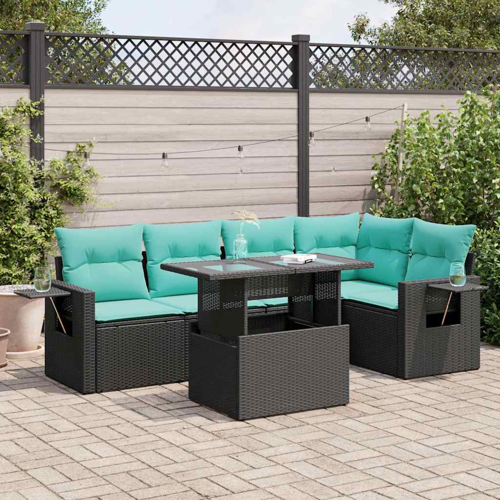 Set Divano da Giardino 6 pz con Cuscini Nero Polyrattan Acacia 3326478