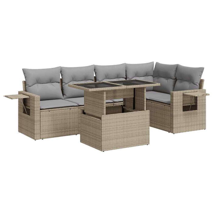 Set Divano da Giardino 6 pz con Cuscini Beige in Polyrattan