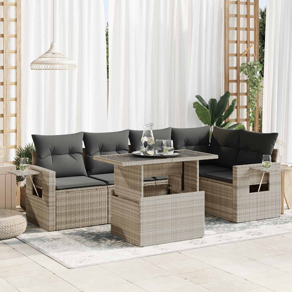 Set Divano da Giardino 6pz con Cuscini Grigio Chiaro Polyrattan