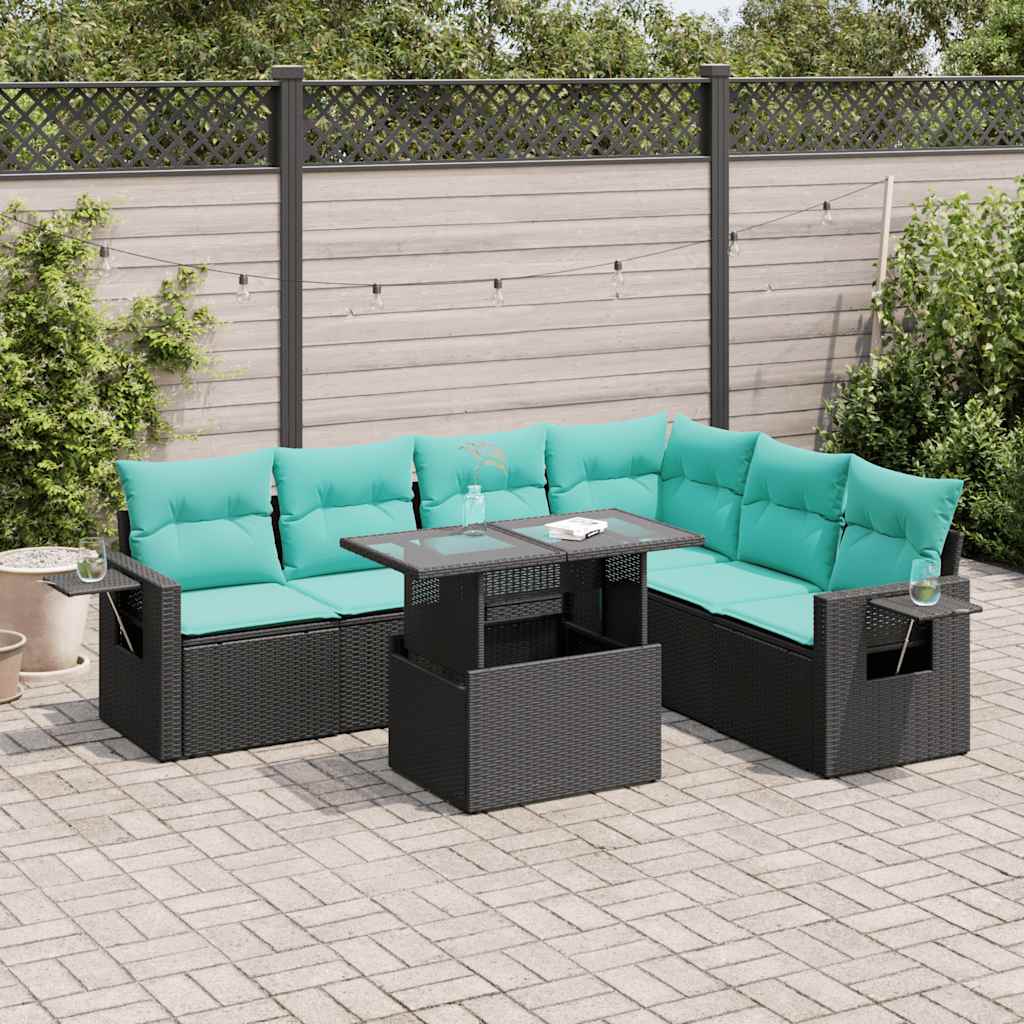 Set Divani Giardino 7 pz con Cuscini Nero Polyrattan Acacia 3326488