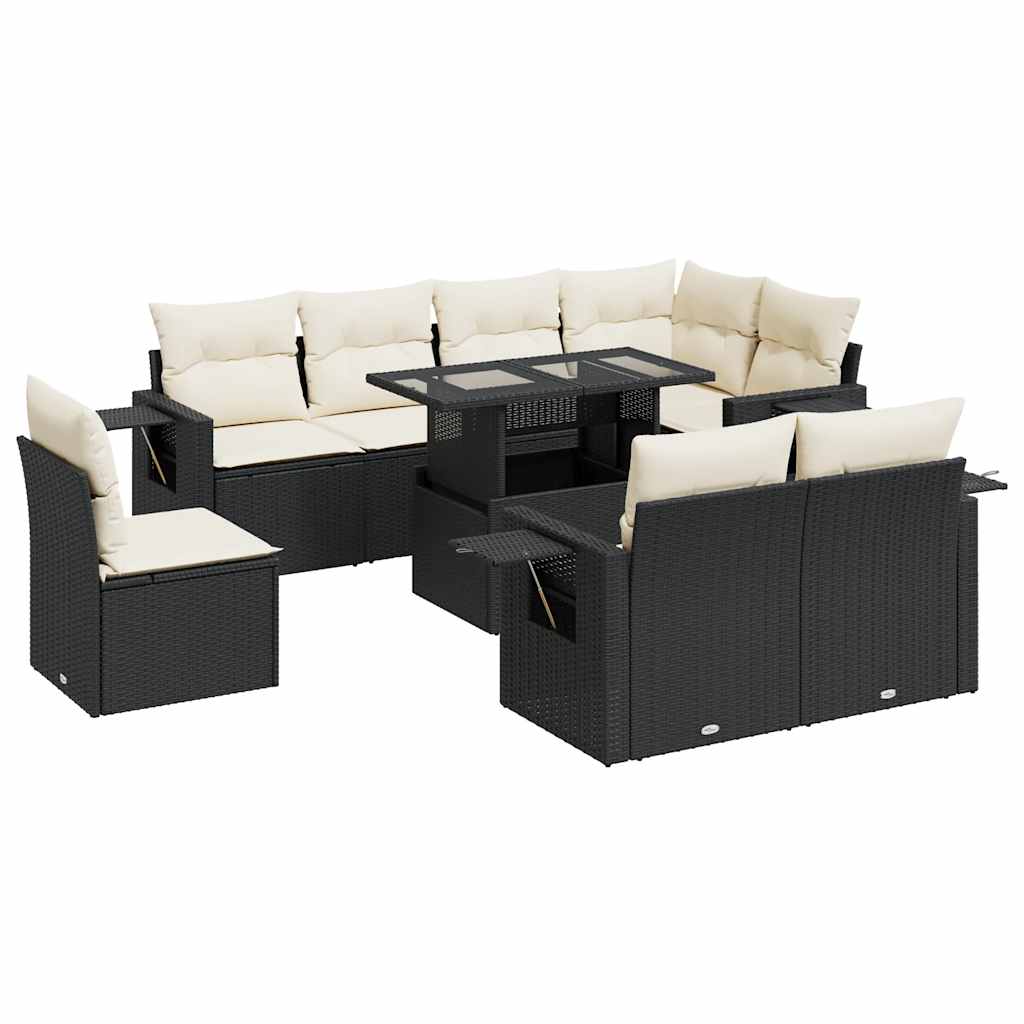 Set Divani da Giardino 9 pz con Cuscini Nero in Polyrattan