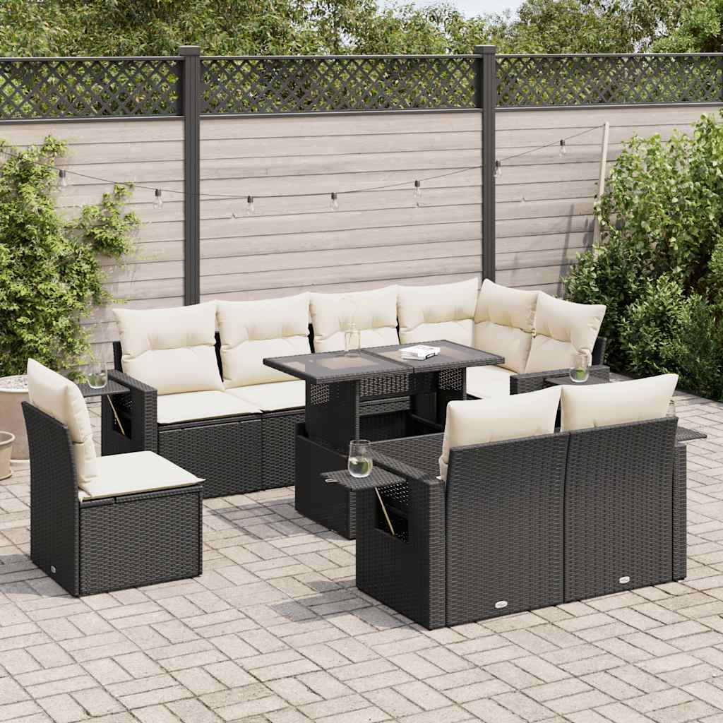 Set Divani da Giardino 9 pz con Cuscini Nero in Polyrattan