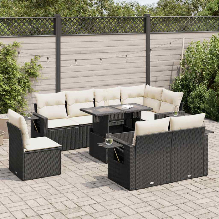 Set Divani da Giardino 9 pz con Cuscini Nero in Polyrattan