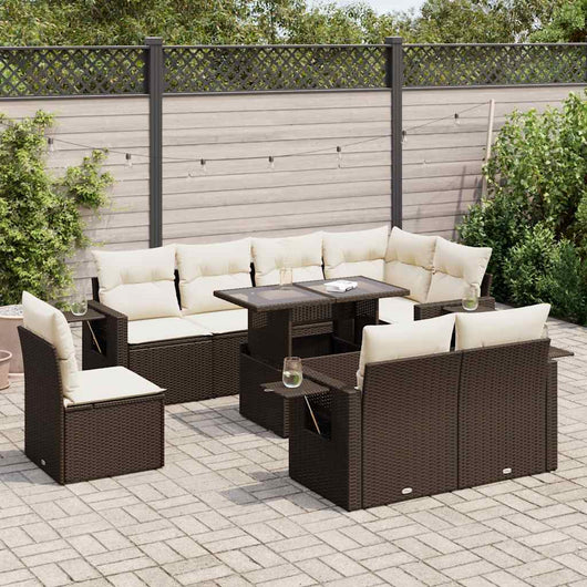 Set Divani da Giardino 9pz con Cuscini Marrone in Polyrattan
