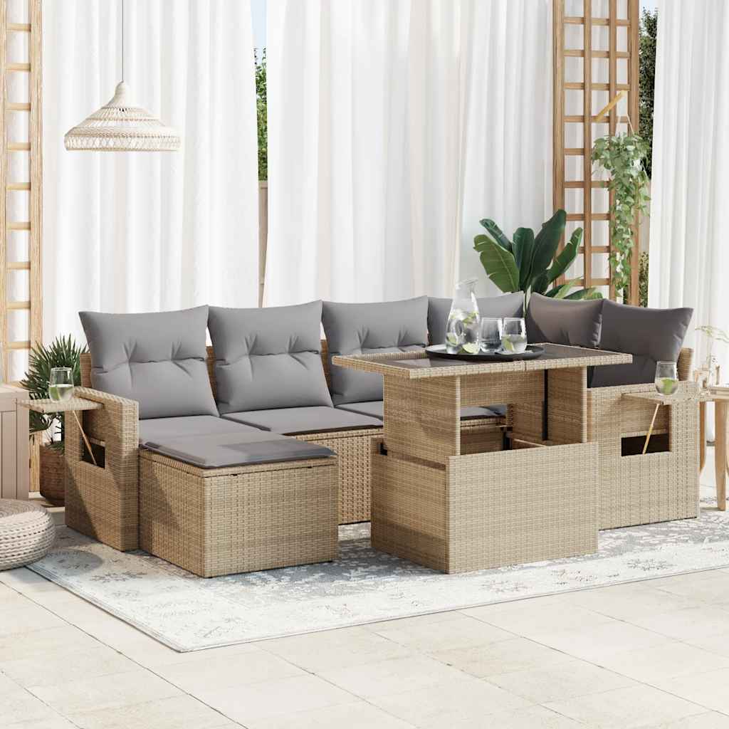 Set Divani da Giardino 7 pz con Cuscini Beige in Polyrattan