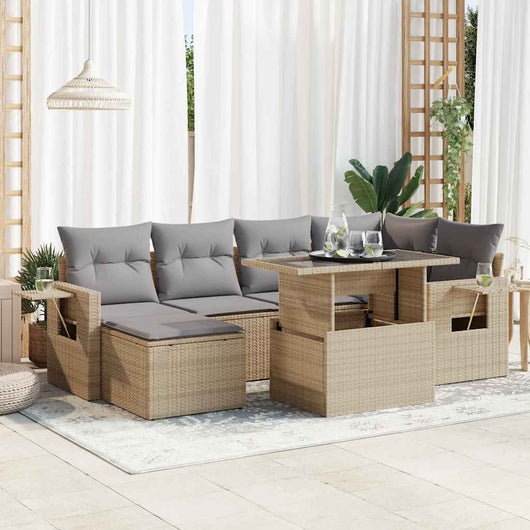 Set Divani da Giardino 7 pz con Cuscini Beige in Polyrattan