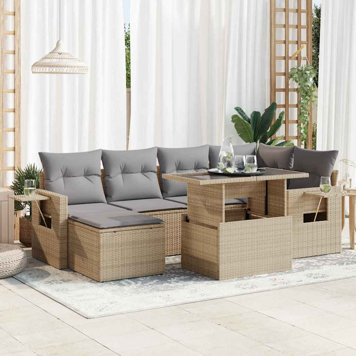 Set Divani da Giardino 7 pz con Cuscini Beige in Polyrattan