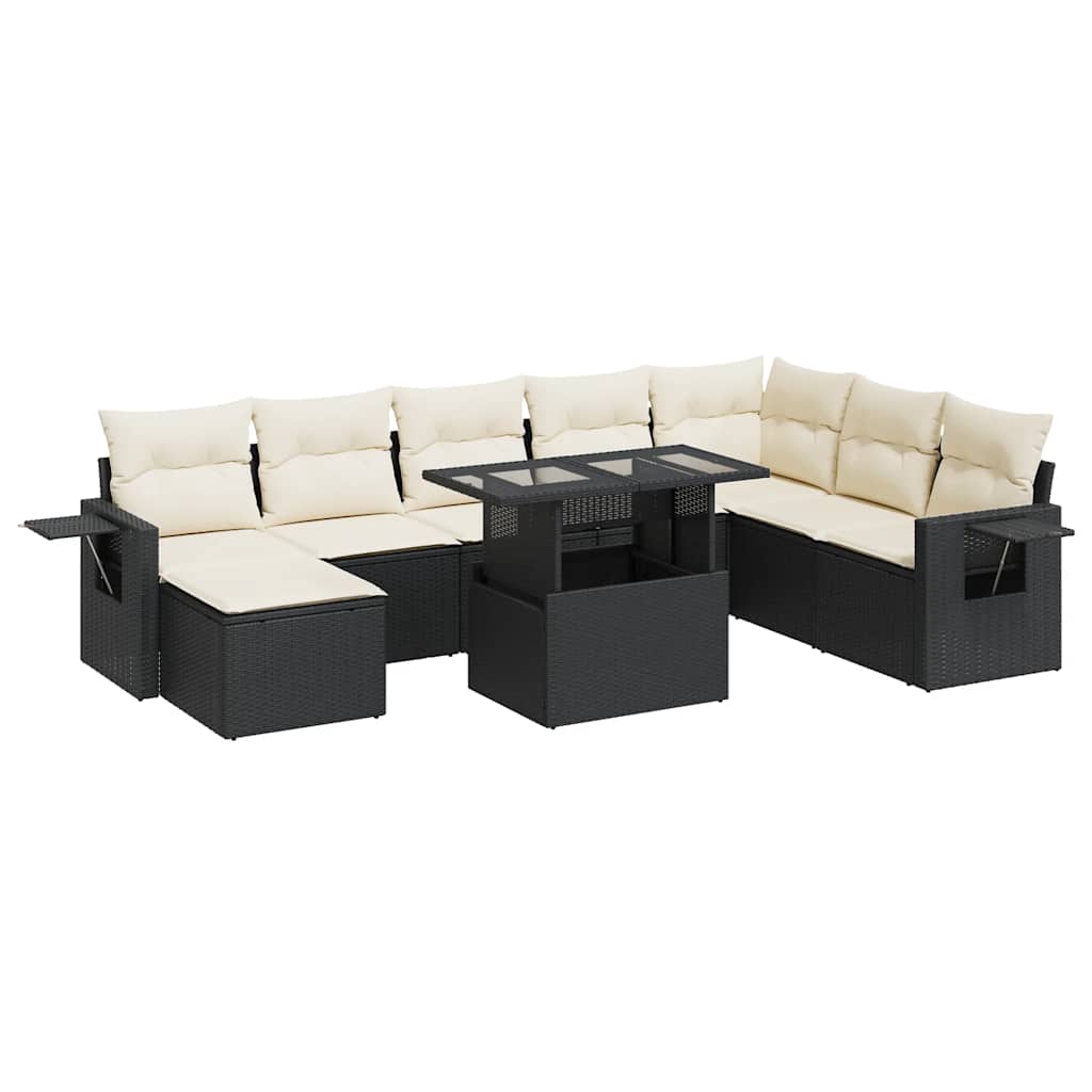 Set Divani da Giardino 9 pz con Cuscini Nero in Polyrattan