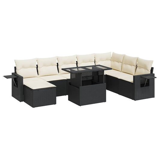 Set Divani da Giardino 9 pz con Cuscini Nero in Polyrattan