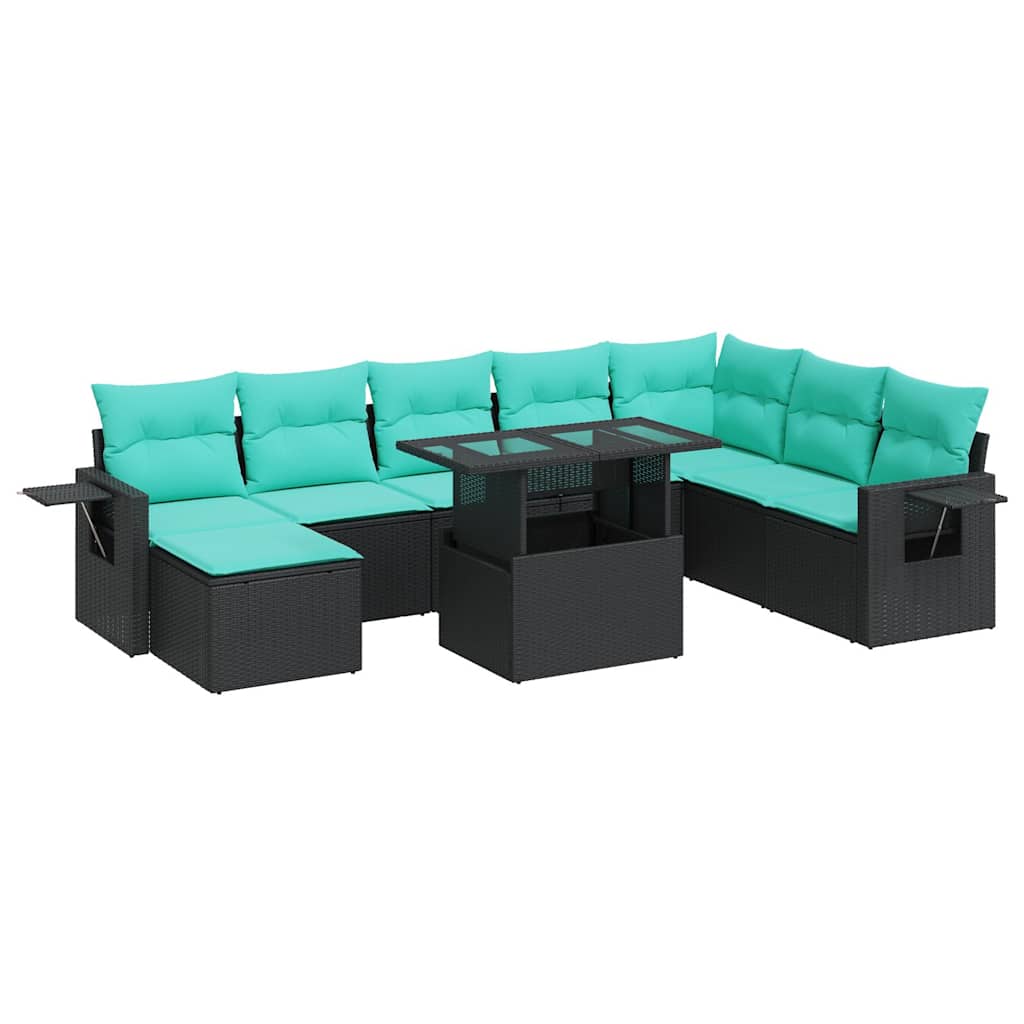 Set Divani da Giardino 9 pz con Cuscini Nero Polyrattan Acacia 3326528