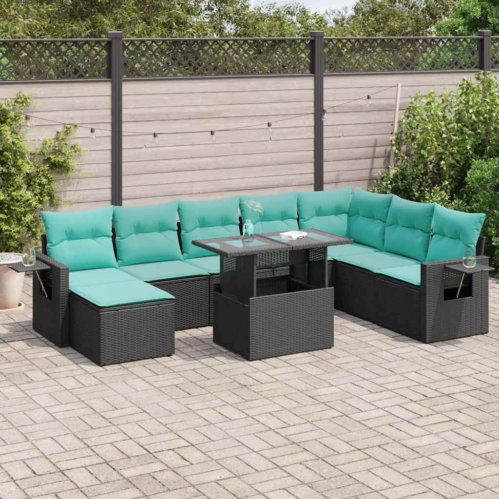 Set Divani da Giardino 9 pz con Cuscini Nero Polyrattan Acacia 3326528