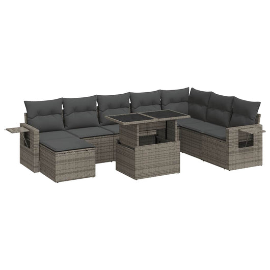 Set Divano da Giardino 9 pz con Cuscini Grigio in Polyrattan