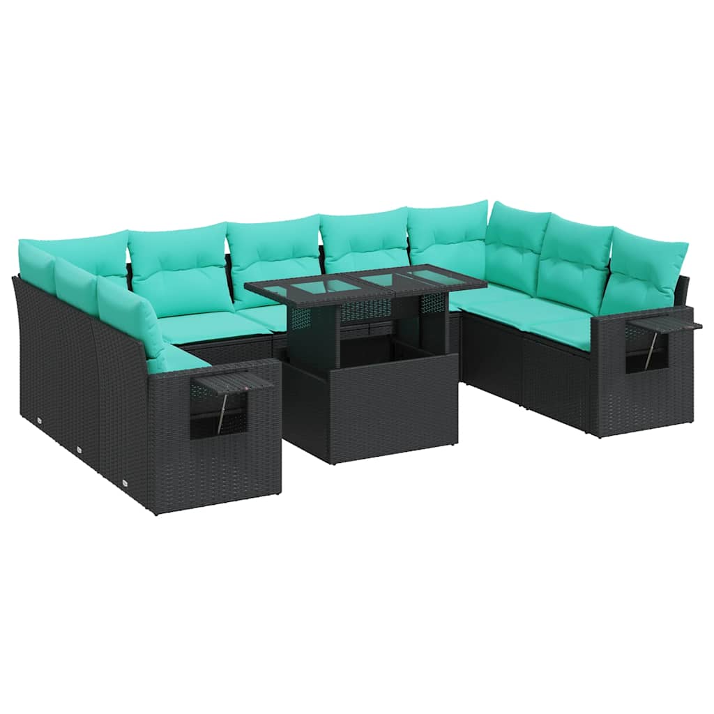 Set Divani Giardino 10pz con Cuscini Nero in Polyrattan Acacia 3326538