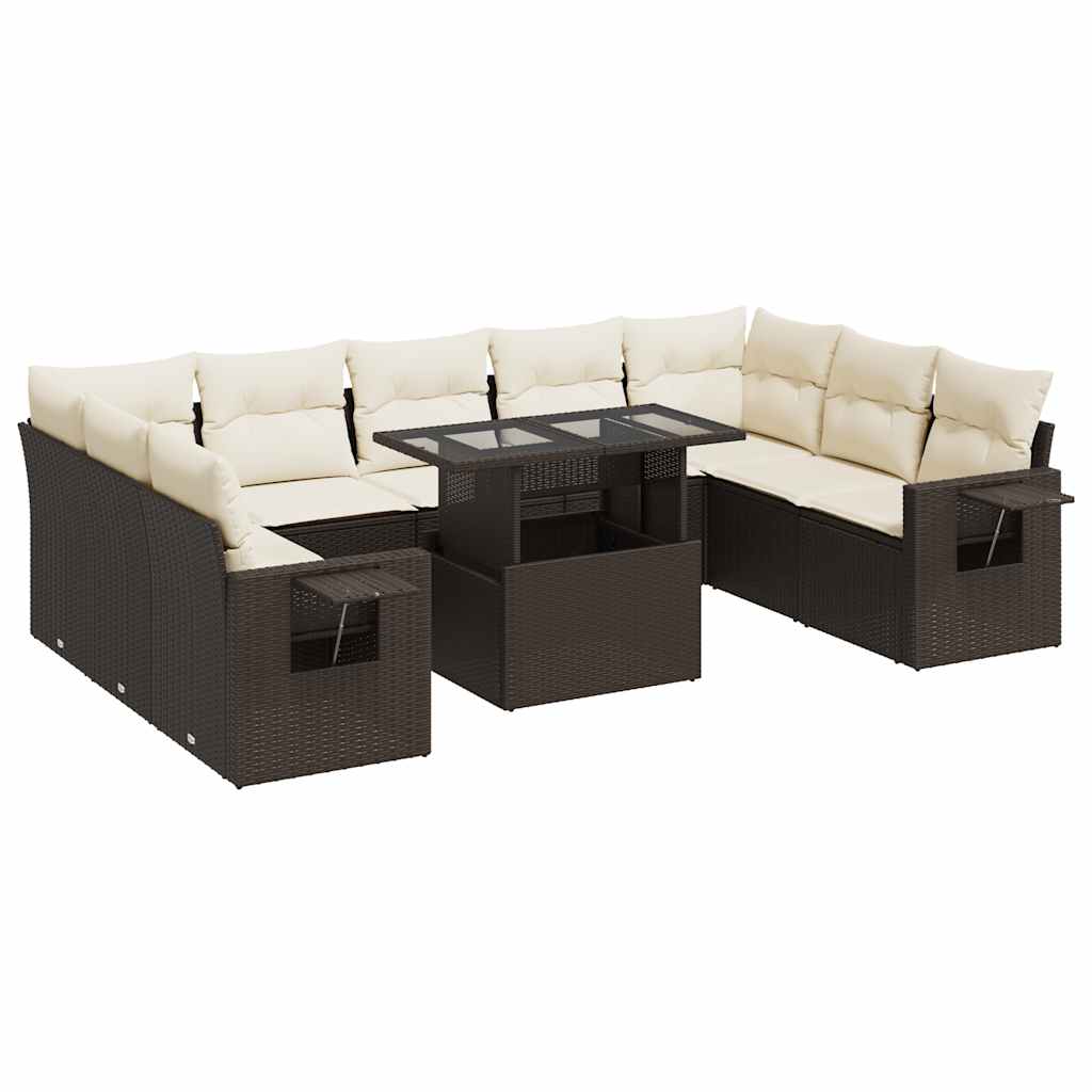 Set Divani da Giardino 10pz con Cuscini in Polyrattan Marrone