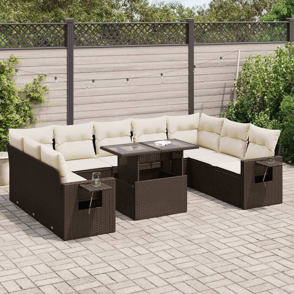 Set Divani da Giardino 10pz con Cuscini in Polyrattan Marrone