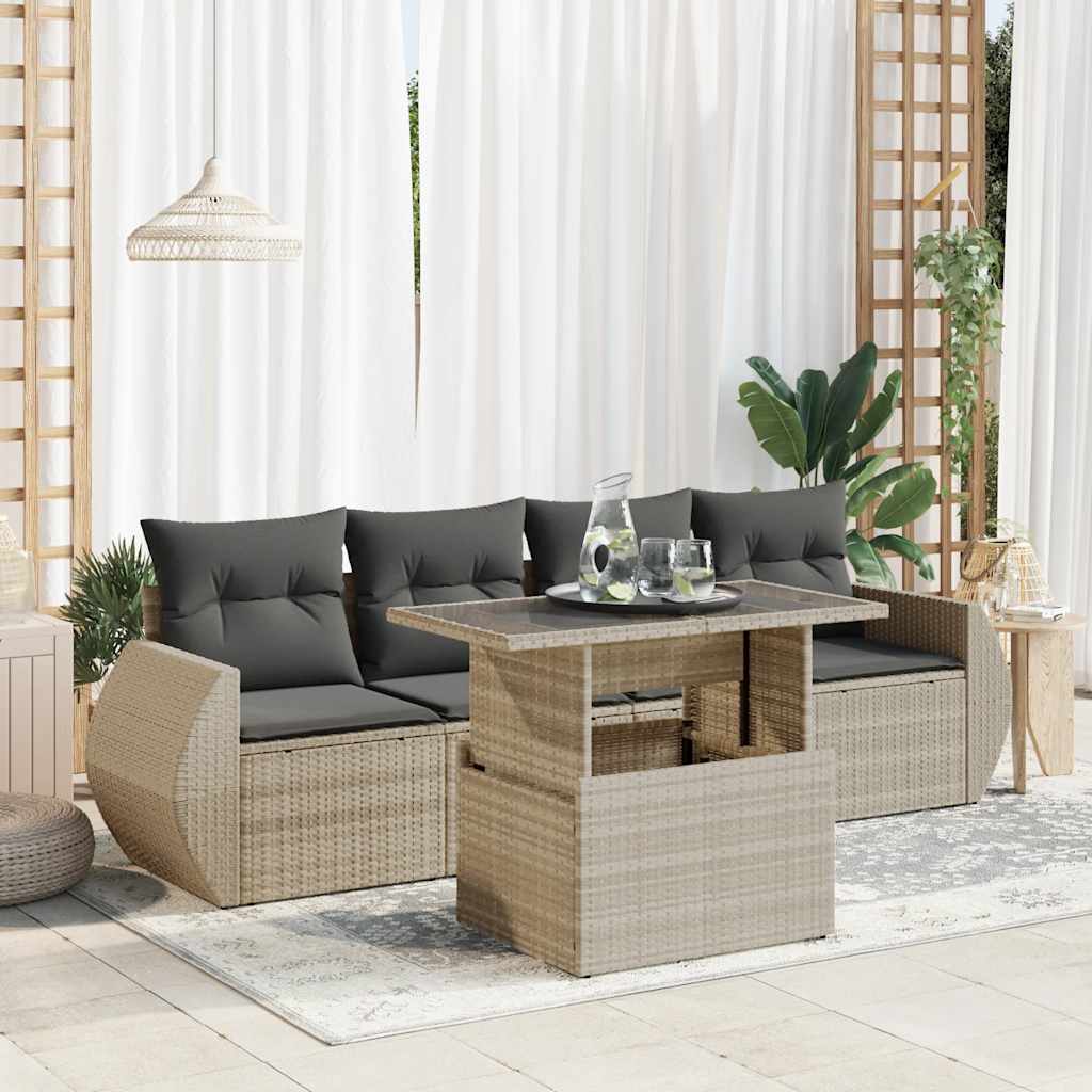 vidaXL Set Divano da Giardino 5pz con Cuscini Grigio Chiaro Polyrattan