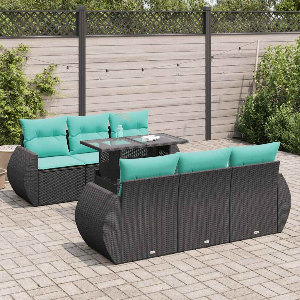 Set Divani da Giardino con Cuscini 7pz Nero Polyrattan Acacia 3326578