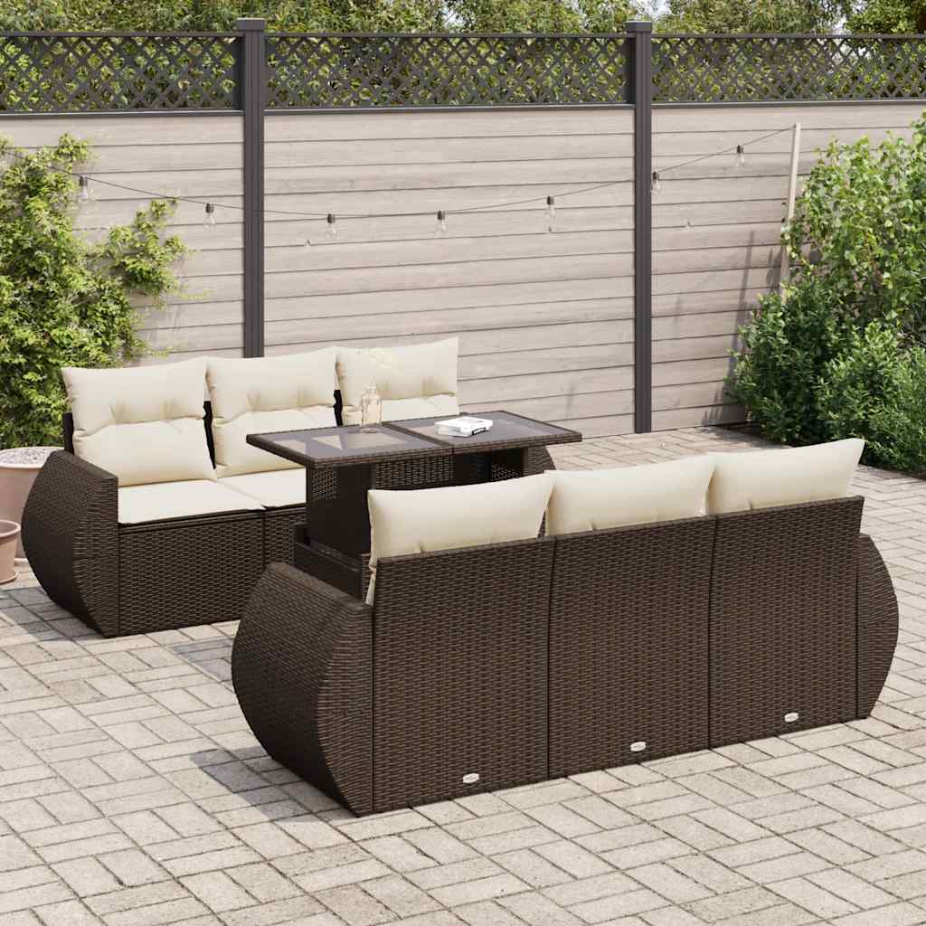Set Divani da Giardino 7 pz con Cuscini Marrone in Polyrattan